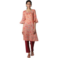 Aure Collection By Aurelia Peach Floral Print Kurta With Off-White Trousers