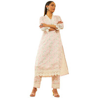 Soch Womens White & Pink Kota Floral Printed Kurta Set With Lace Attached