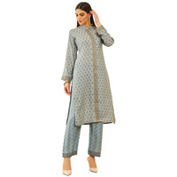 Soch Womens Blue Muslin Floral Printed Kurta Set With Zari Detailed