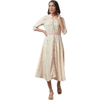 W For Woman Women's Rayon Ecru Shirt Collar Dress Midi (22Few16068-116564 L)