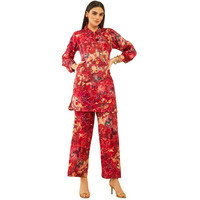 Soch Womens Red Muslin Floral Printed Co-Ord Set With Tassels