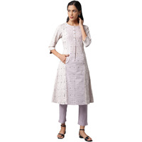 W For Woman Women's Cotton Striped Regular Kurta (22Few17778-312292_Ecru_Xl)
