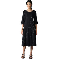 W For Woman Women A-Line Rayon Jet Black Gathered Dress Below The Knee (22Few17323-118125 M)