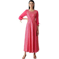 Aurelia Printed Cotton Round Neck Womens Flared Dress (Pink, Large)