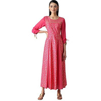 Aurelia Printed Cotton Round Neck Womens Flared Dress (Pink, Medium)