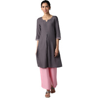 Aure Collection By Aurelia Grey Solid Ethnic Kurta With Light Pink Straight Palazzo