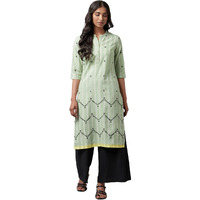 W For Woman Cotton Green Printed V-Neck Straight Kurta_22Few17458-312208_M