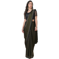 Soch Womens Olive Striped Lace Thread Work Chiffon Saree