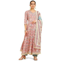 Soch Womens Peach Floral Print Angrakha Cotton Suit Set