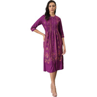 W For Woman Women's Viscose Dark Purple Floral Button Down Dress With Bead Work Calf Length (22Few17474-117924_Deep Orchid_Xs)