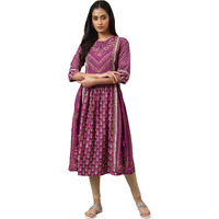 W For Woman Dark Purple Floral Printed A-Line Kurta With Sequins