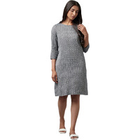 W For Woman Women's Cotton Dark Grey Cootton Textured Stripes Dress In Round Neck Above The Knee (22Few17729-830078 M)