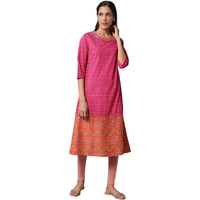 W Dark Pink Floral Printed Embroidered Regular Kurta For Women