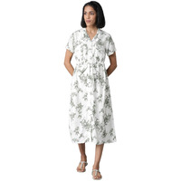 W For Woman Women's Rayon Ecru Floral Print Lapel Collar Dress Calf Length (22Few17755-810036 M)