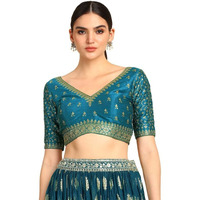 Soch Womens Teal Zari Embroidery Padded Silk Blend Blouse With Sequins