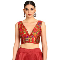 Soch Womens Maroon Floral Plunge Neck Silk Blend Padded Blouse
