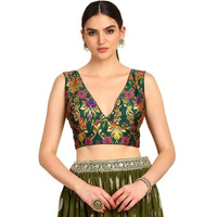 Soch Womens Green Floral Plunge Neck Silk Blend Padded Blouse