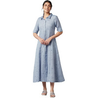 W For Woman Women's Blend Blue Chambray Embroidered Cotton Dress Ankle Length (22Few17931-830048 S)