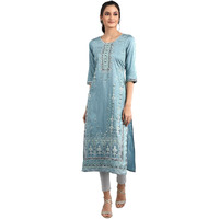 Aurelia Women's Viscose Print Regular Fit Kurta (22Fea11708-502075_Sea Blue_S)