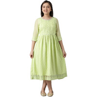 Aurelia Cotton Blend Girls Green Sequinned Flared Schiffli Dress Knee