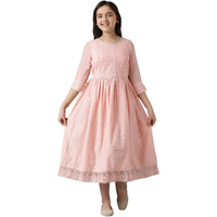 Aurelia Cotton Blend Girls Peach Sequinned Flared Schiffli Dress Knee