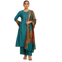 Soch Womens Teal Ethnic Print Notched Neck Muslin Blend Suit Set