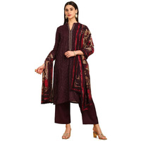 Soch Womens Wine Stripes Print Mandarin Collar Muslin Blend Suit Set
