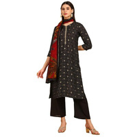 Soch Womens Black Abstract Print Mandarin Collar Muslin Blend Suit Set