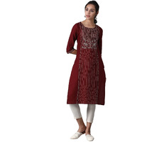 W For Woman Cotton Maroon Stripe Print Straight Kurta With Embroidery