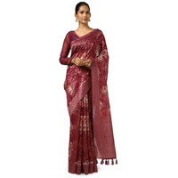 Soch Womens Wine Chanderi Woven Design Saree With Tassels