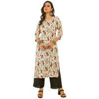 Soch Womens Grey Floral Print Rayon Straight Kurta With Kantha Weave