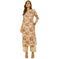Soch Womens Pink Rayon Floral Print Kantha Weave Kurta With Tassels