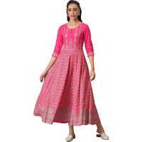 W For Woman Women's Viscose Bright Rose Pink Glitter Printed Dress With Embroidery Ankle Length 22Few17903-118346