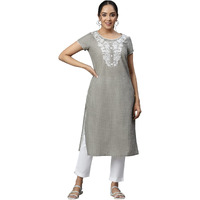 Aurelia Grey Floral Printed Printed Thread Embroidered Cotton Regular Kurta For Women