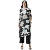 Soch Womens Black Botanical Print Viscose Muslin Kurta With Gotta Patti