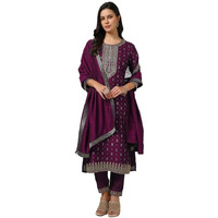 Soch Womens Wine Viscose Blend Foil Print Suit Set With Thread Work