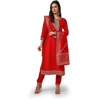 Soch Womens Red Foil Print Suit Set With Thread Work