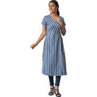 Blue Stripe Print Cotton Kurta With Side Buckle