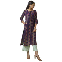 Soch Womens Purple Rayon Foil Print Kurta With Tassels
