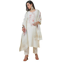 Soch Womens Cream Notched Neck Silk Blend Embroidered Suit Set