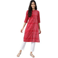 Aurelia Red Cotton Striped Regular Kurta For Women