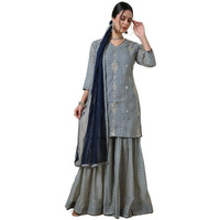 Soch Womens Blue Chanderi Abstract Print Suit Set With Gotta Patti