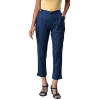 Aurelia Blue Cotton Blend Solid Regular Trousers