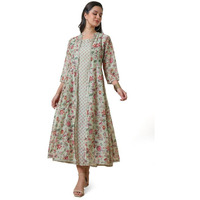 Soch Womens Sap Green Printed Chanderi Blend Dress With Jacket