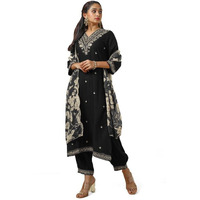 Soch Womens Black Rayon Embroidered Suit Set With Sequins