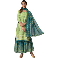 Aurelia Viscose Women Liva Green Foil Printed Kurta With Sharara And Dupatta_22Aud10444-504440_Xxl