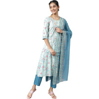 Aurelia Women Polyester Liva Blue Glitter Printed Kurta Trouser With Dupatta Set_22Aud10477-503974_S