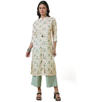 Soch Womens Off White Floral Print Linen Blend Kurta With Tassels