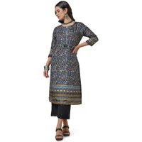 Soch Womens Charcoal Silk Blend Abstract Print Kurta With Tassels