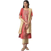Aurelia Women's Polyester Maroon Glitter Printed Kurta Set With Almond Gold Trousers And Dupatta_22Aud10472-505712_L
